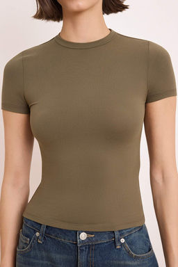 Haki Duz Fitted Bisiklet Yaka Standart Kol K?sa Poliamid Orme T-Shirt TWOSS26TS00151