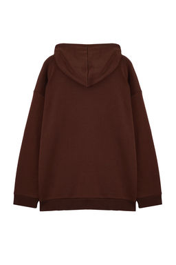 Kahverengi Buyuk Beden Oversize Basic Kapusonlu Fermuarl? Ici Polar Pamuk Sweatshirt TMNAW24AO00003