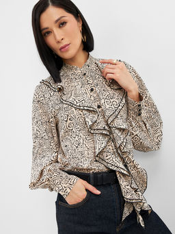 Блузка с отлетными рюшами OD-914-5 бежевый с черным