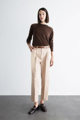 Kemerli Klasik Pantolon Carrot Fit Yuksek Bel Dar Paca Piliseli Basic Duz K?sa Paca