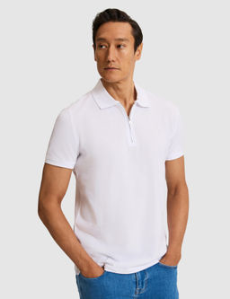 Beyaz Slim Fit Fermuarl_ Polo Yaka Saf Pamuk T-shirt