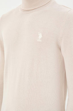 Erkek Slim Fit Bo_azl_ Yaka Krem Melanj Basic Kazak