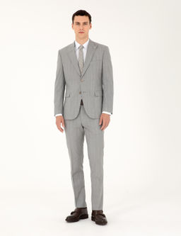 Gri Slim Fit _izgili Y_n Tak_m Elbise