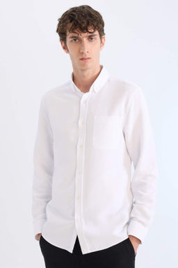 Slim Fit Dar Kesim Polo Yaka Dokulu Uzun Kollu Gomlek - Defacto фото 3