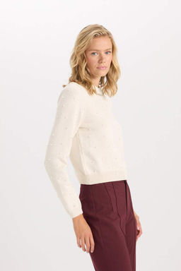 Женский трикотажный свитер обычного кроя с круглым вырезом и жемчугом - Defacto фото 4