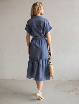Платье в полоску А-силуэта с поясом из легкого хлопкового поплина - Vilatte фото 3