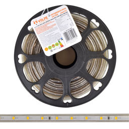 ULS-Q325 2835-60LED/m-10mm-IP67-220V-6W/m-50M-WW Светодиодная гибкая герметичная лента Volpe. В ПВХ трубке. Упаковка - бобина 50 м. IP67. Угол излучения 120. Кратность резки 1 м. Теплый белый свет.