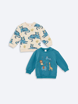 Bask?l? Uzun Kollu Erkek Bebek Sweatshirt 2li