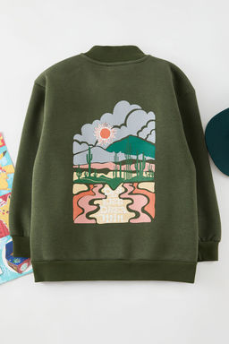Haki Erkek Cocuk Fermuarl? S?rt Bask?l? Orme Sweatshirt TKDAW25SW00134