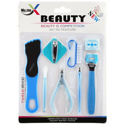 Педикюрный набор 9 предметов: кусачки-книпсер; пилка двусторонняя наждачная; пилка двусторонняя наждачная; станок (скребок) с лезвием; сменные лезвия - 3 штуки; кусачки-щипчики; пушер-лопатка для кутикулы - 2 штуки; щетка для ногтей, цвета в ассортим - Beauty фото 2