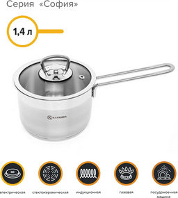 Ковш нерж. сталь 14см. 1,4л София, стекл. крышка КАТЮША код.9940-140-0  фото 2