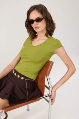Ekru Duz Fitted V Yaka Ay Kol K?sa Yumusak Orme T-Shirt TWOSS26TS00243 - Trendyolmilla фото 5
