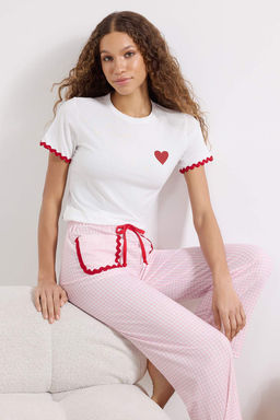 Beyaz-Pembe Ekoseli Kalpli Serit Detayl? Orme Pijama Tak?m? THMSS26PT00063