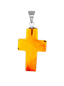 Крестик из цельного кусочка натурального балтийского янтаря коньячного цвета