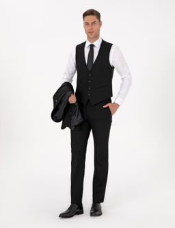 Siyah Slim Fit Yelekli Tak_m Elbise