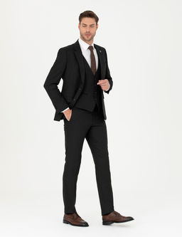 Siyah Slim Fit _izgili Yelekli Tak_m Elbise