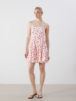 Kare Yaka ?i?ekli Modal Kar???ml? Mini Elbise