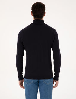 Lacivert Slim Fit Pamuk Kar___ml_ Bal_k__ Yaka Basic Triko Kazak