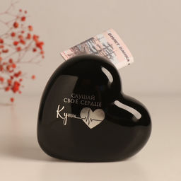 Копилка для денег Сердце. Слушай своё сердце. Купи, чёрное с серебром, 10.5?5?9.5 см