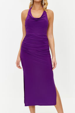 Mor Vucuda Oturan Degaje Yaka Orme S?k Abiye Elbise TPRSS24EL00015