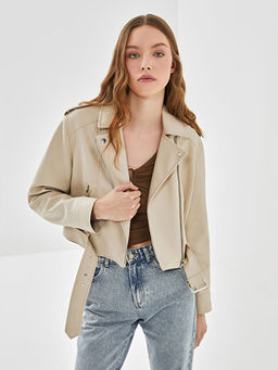 Biker Yaka Kad?n Deri G?r?n?ml? Ceket