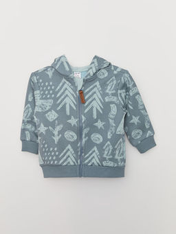 Kap??onlu Uzun Kollu Bask?l? Erkek Bebek Fermuarl? Sweatshirt