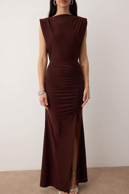 TRENDYOLMILLA Saks Vucuda Oturan Drapeli Dokuma Uzun S?k Abiye Elbise TPRSS24AE00226  фото 15