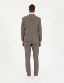 A__k Kahverengi Slim Fit _izgili Tak_m Elbise