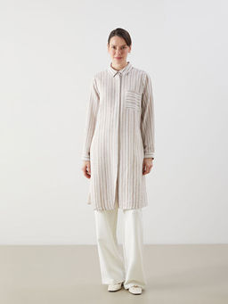 ?izgili Keten G?r?n?ml? Kad?n G?mlek Tunik