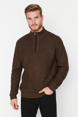 TRENDYOL MAN Kahverengi Slim Fit Dar Kesim Yar?m Bal?kc? Yaka Fermuarl? Triko Kazak TMNAW23KZ00175