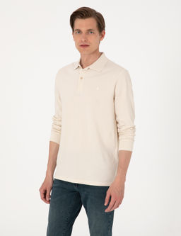 Bej Slim Fit K_vr_lmaz Polo Yaka Basic Pike Sweatshirt
