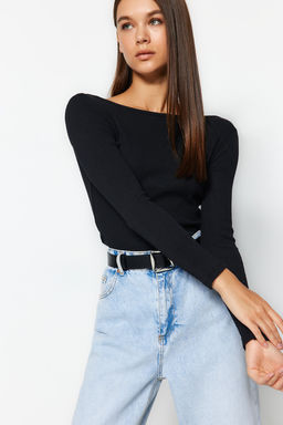 Trendyolmilla Siyah S?rt Dekolteli Fitted/Vucuda Oturan Fitilli Esnek Orme Bluz TWOAW24BZ00105  фото 2