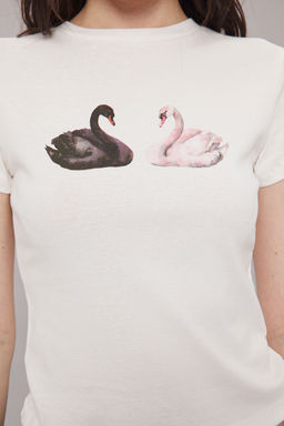 Ekru Kugu Bask?l? Fitted/Vucuda Oturan Orme T-Shirt TWOSS25TS00095