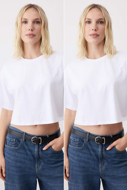 Beyaz-Beyaz 2li Paket %100 Pamuk Relax/Rahat Kesim Crop Orme T-Shirt TWOSS24TS00224