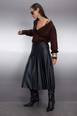 Siyah Suni Deri Pileli Midi Dokuma Etek TWOAW26ET00029 - Trendyolmilla фото 2