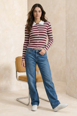 Cok Renkli Cizgili Fitted/Vucuda Oturan Polo Yaka Dugmeli Fitilli Esnek Orme Bluz TWOSS26BZ00067