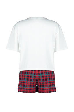 Trendyolmilla Beyaz Cok Renkli %100 Pamuklu Ekoseli Sortlu Orme Pijama Tak?m? THMSS24PT00037