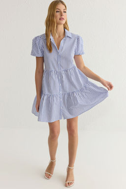 TRENDYOLMILLA Ekru Cizgili Mini Poplin Dokuma Gomlek Elbise TWOSS25EL00024  фото 2