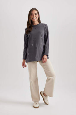 Футболка-туника с длинными рукавами из чесаного хлопка с круглым вырезом и вышивкой обычного кроя - Defacto фото 4