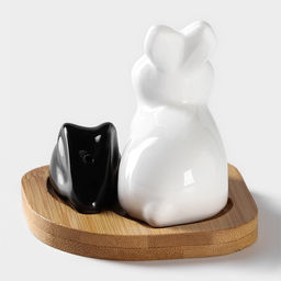 Набор фарфоровый для специй на бамбуковой подставке BellaTenero Зайцы, 3 предмета: солонка 50 мл, перечница 20 мл, подставка, цвет белый и чёрный  фото 3
