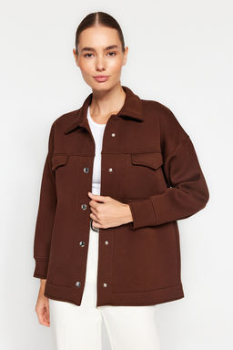 Kahverengi Oversize/Genis Kal?p Cepli ve Dugmeli Polo Yaka Ici Polarl? Orme Ceket TWOAW24CE00000 - Trendyolmilla фото 3