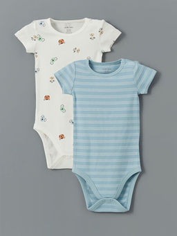 Bisiklet Yaka Bask?l? Erkek Bebek ??t??tl? Bodysuit 2li