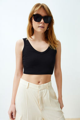 Siyah Fitilli V Yaka Super Crop Esnek Orme Atlet TWOSS24AL00029