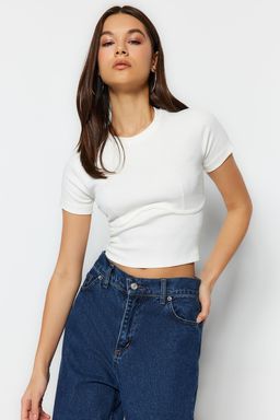 Trendyolmilla Beyaz Biye Detayl? Bisiklet Yaka Crop Fitilli Esnek Orme Bluz TWOAW21BZ0638  фото 7