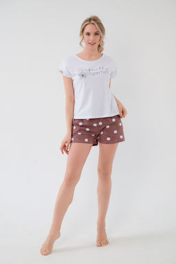 Пижама женская из футболки и шорт из кулирки Алиса горох бордо