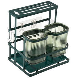 "Антонио" Подставка металлическая, окрашенная для столовых приборов и кухонной утвари универсальная, 20х16см h21,9см, стакан акриловый, съемный, с отверстиями - 2 штуки, крючок пластмассовый, съемный - 4 штуки, поддон пластмассовый, самоклеющийся крю