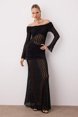 Siyah Bal?k Form Carmen Yaka Dantel Orme S?k Maxi Abiye Gece Mezuniyet Elbisesi TPRAW26AE00016 - Trendyolmilla фото 2