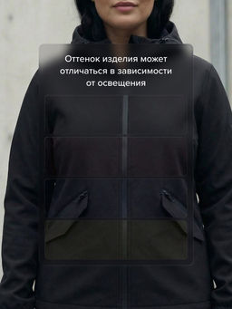 Ветровка женская софтшелл большого размера с капюшоном ветрозащитная черного цвета 9620_1Ch