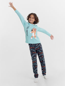 Комплект для мальчиков (джемпер, брюки) в голубом и сером цвете с печатью