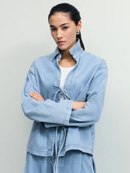 Джинсовая рубашка с завязками / Zarina  фото 7